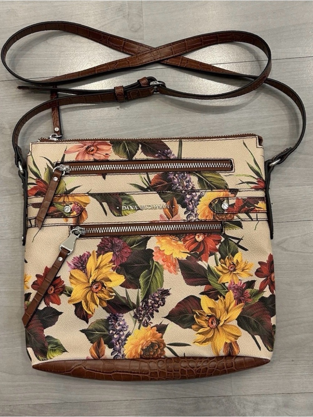 Dana Buchman Floral Crossbody Bag Multi Color Faux Leather Zip Pockets